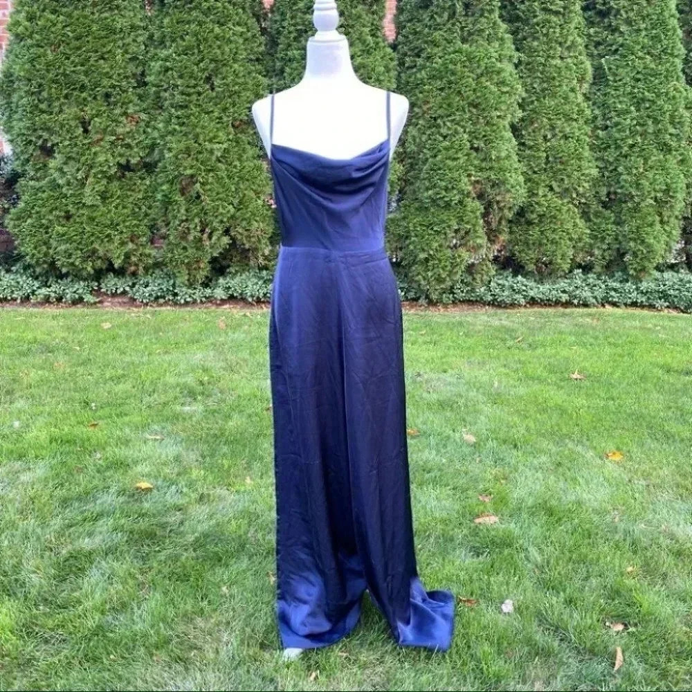 NWT Fame & Partners Thais Formal Wide-Leg Jumpsuit Navy Blue Womens Size 8
